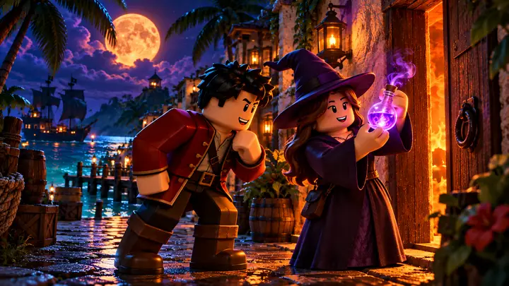 Um aventureiro de casaco vermelho observa uma bruxa com uma poção violeta brilhante junto a uma porta iluminada, em uma ilha tropical com navio pirata e lua alaranjada ao fundo.