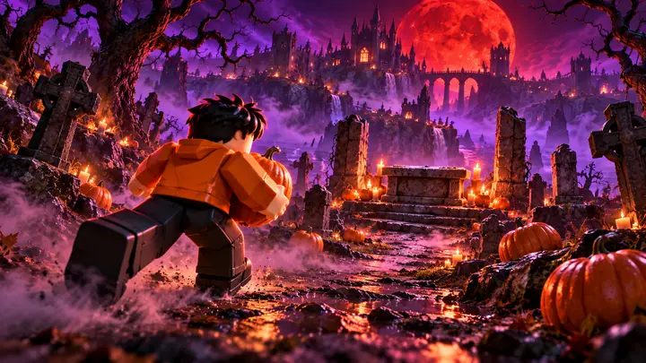Avatar de cabelo preto e jaqueta laranja corre carregando uma abóbora em direção a um altar de pedra num cemitério com névoa roxa, velas e um castelo sob uma enorme lua vermelha.