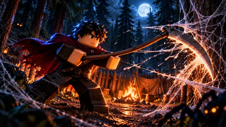 Avatar Roblox de cabelo preto e capa bordô corta teias com uma foice ao lado de um acampamento com fogueira, em uma floresta de pinheiros sob a lua cheia, com aranhas de olhos brilhantes ao redor.