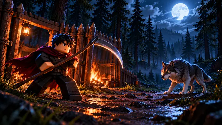 Avatar Roblox de cabelo preto e capa bordô segura uma foice diante de um lobo cinzento, junto a um acampamento cercado por troncos em uma floresta sob a lua cheia.