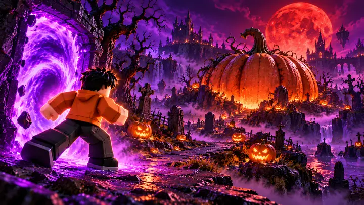 Avatar Roblox de cabelo preto e jaqueta laranja sai de um portal violeta em direção a uma abóbora gigante, entre lápides, névoa e castelos sob uma lua vermelha.