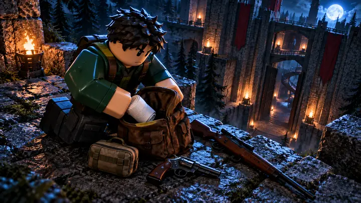Avatar Roblox ajoelhado guarda uma bandagem branca em uma mochila marrom, com bolsa médica, revólver e rifle ao lado, diante de uma fortaleza de pedra iluminada por tochas e pelo luar.