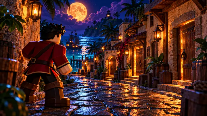Avatar Roblox de casaco vermelho observa uma rua de pedra com portas iluminadas por lanternas em uma vila pirata tropical, com mar, navio e uma lua alaranjada ao fundo.