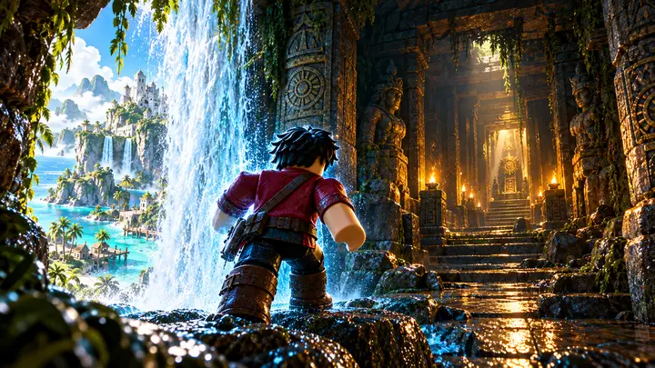 Um aventureiro de jaqueta vermelha visto de costas entra em um templo de pedra iluminado por tochas atrás de uma cachoeira, com ilhas tropicais e mar azul ao fundo.