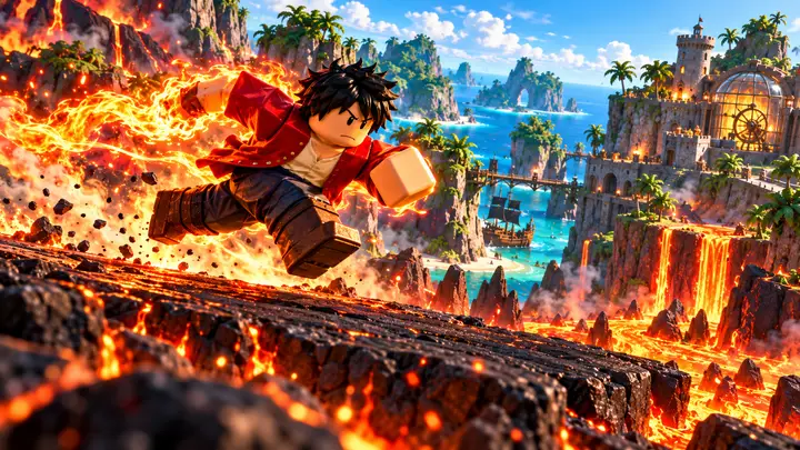 Avatar Roblox de cabelo preto e jaqueta vermelha salta sobre uma trilha de rocha cercada por lava, com energia de fogo, mar turquesa e uma fortaleza ao fundo.