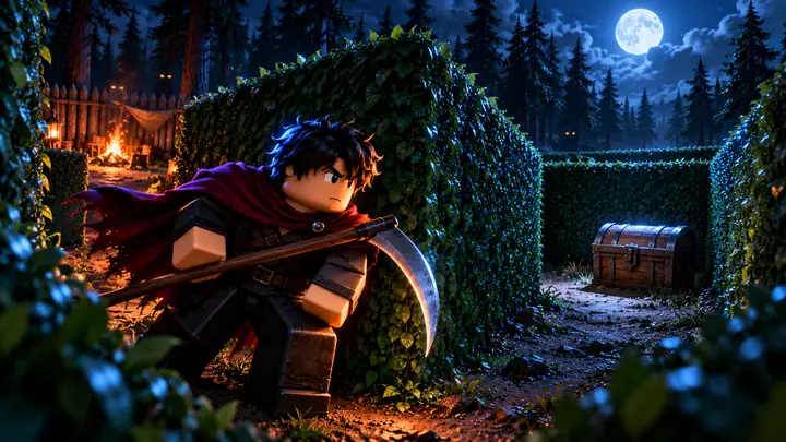 Avatar Roblox de cabelo preto e capa bordô segura uma foice ao virar uma esquina de um labirinto de sebes, com um baú fechado adiante e um acampamento com fogueira ao fundo sob a lua cheia.