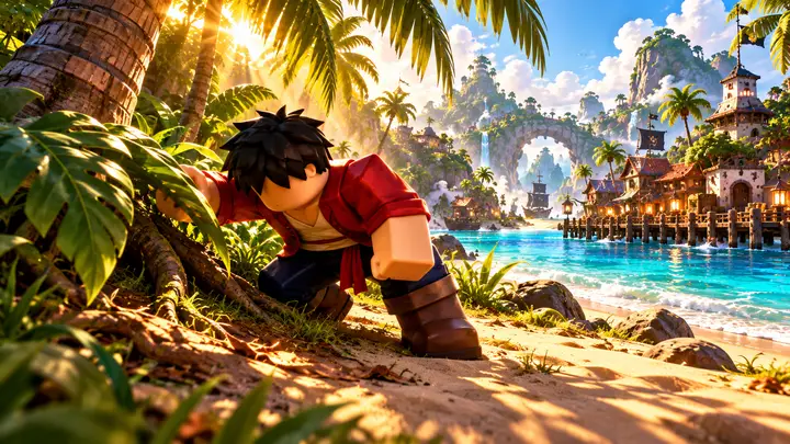 Avatar Roblox de cabelo preto e jaqueta vermelha afasta uma folha enquanto procura entre raízes de uma palmeira, em uma praia tropical com mar turquesa e um porto ao fundo.