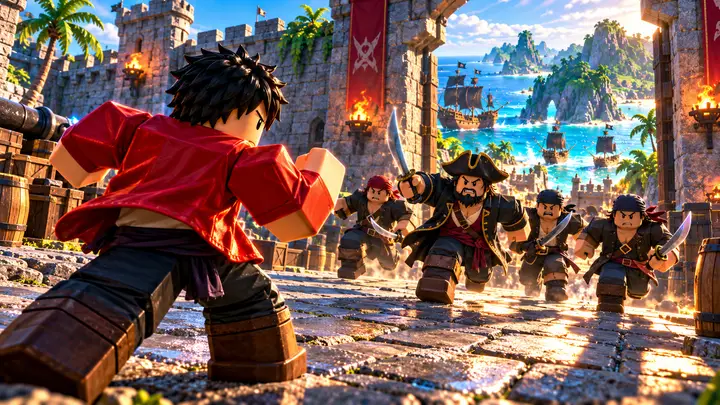Avatar Roblox de jaqueta vermelha se prepara para enfrentar quatro piratas com espadas no pátio de um castelo, com navios e ilhas tropicais ao fundo.