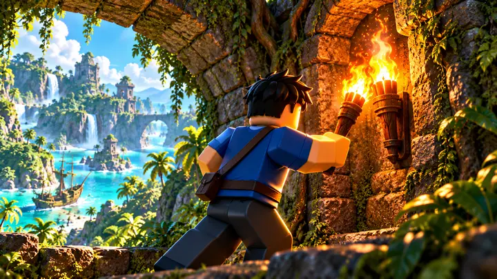 Avatar Roblox de cabelo preto e roupa azul aproxima uma tocha acesa de outra fixada em uma parede de pedra, com ilhas tropicais, cachoeiras e um navio ao fundo.