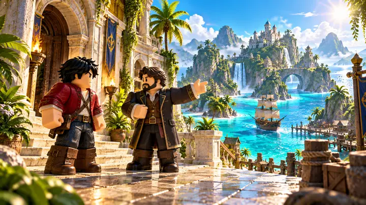Dois avatares Roblox com roupas de aventureiros conversam diante de um palácio costeiro, enquanto um deles aponta para o mar turquesa com um veleiro e ilhas com castelos e cachoeiras.