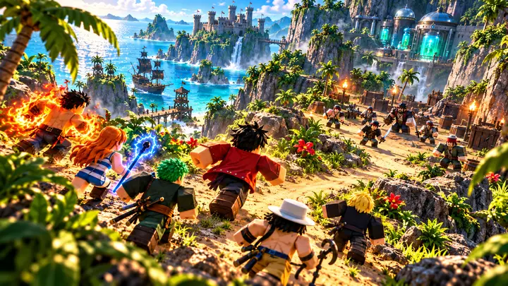 Um grupo de avatares Roblox avança por uma trilha tropical em direção a piratas, com poderes de fogo e eletricidade, navio, castelo e laboratório ao fundo.