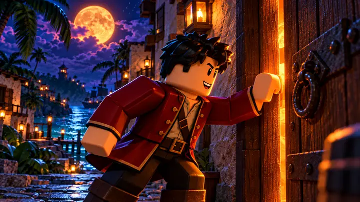 Avatar Roblox de cabelo preto e casaco vermelho de pirata bate em uma porta de madeira entreaberta e iluminada, numa vila tropical à noite com palmeiras, mar e uma lua alaranjada.